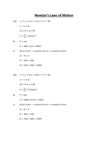 Answers and worked solutions for Newton's laws of motion booklet