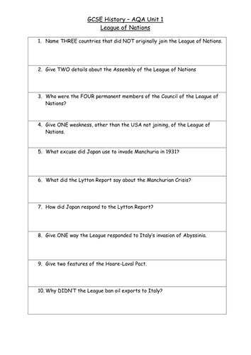 AQA GCSE History - Knowledge Recall 91����ts: Treaty of Versailles / League of Nations