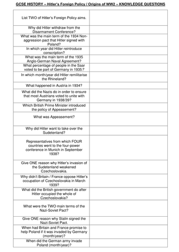 AQA GCSE History: Knowledge Recall Test - Hitler's Foreign Policy and the Origins of the Cold War