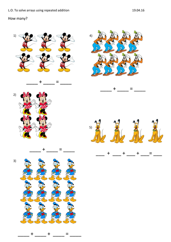 Repeated addition and multiplication yr 1 KS1 Disney by Teall