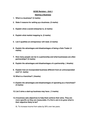 AQA GCSE Business Unit 1 Revision Teaching Resources