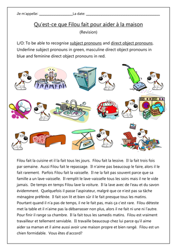 FRENCH - Household chores - Qu'est-ce que Filou fait pour aider à la maison? Worksheets