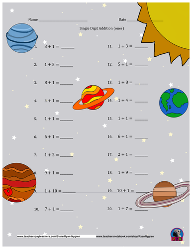 single-digit-addition-space-themed-worksheets-horizontal-teaching