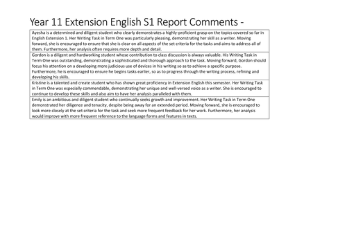 tes report writing comment bank