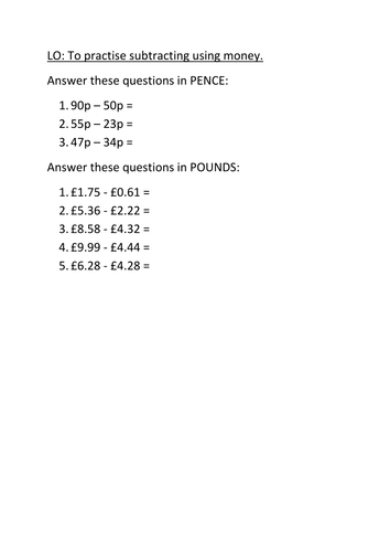 adding and subtracting money values teaching resources