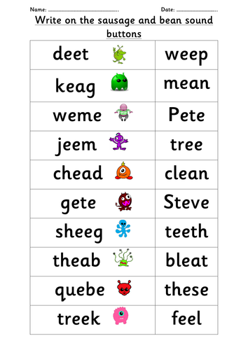 Phonics /ee/ /ea/ /e-e/ family real and alien words