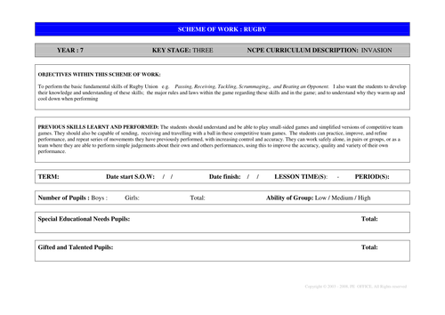 PE Rugby Scheme of work 