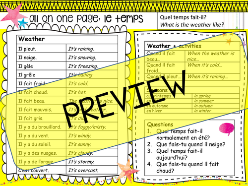 French Vocabulary Mat: Weather (plus mini book)