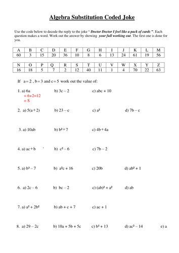 Algebra Substitution Coded Joke by mismail1979 - Teaching Resources - TES