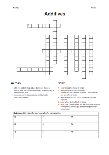 Additives crossword (New spec AQA GCSE/ AQA AS Level) Teaching Resources