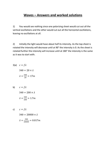 Answers and worked solutions to waves booklet