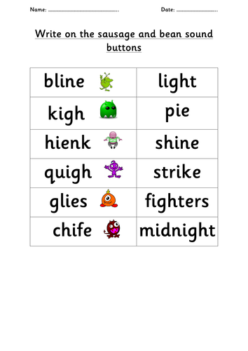 Phonics /igh/ /ie/ /i-e/ sound family real and alien words