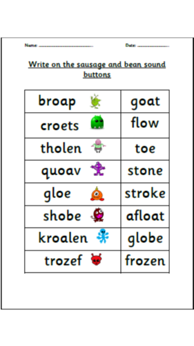 Phonics /oa/ /ow/ /oe/ /o-e/ family real and alien words