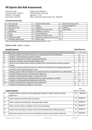 Badminton -  PE/Sports site risk assessment