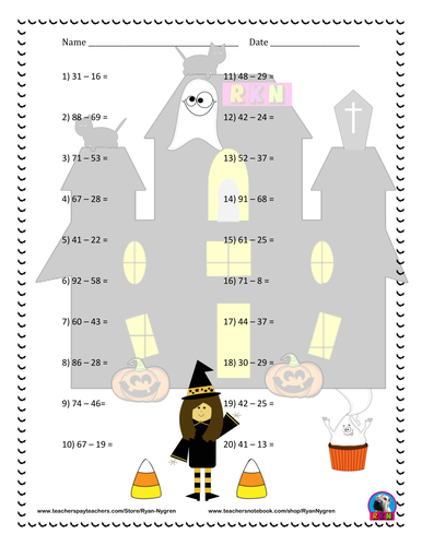 Two Digit Subtraction Worksheets - Halloween Themed - Horizontal ...