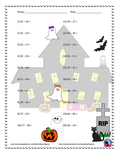 Two Digit Subtraction Worksheets - Halloween Themed - Horizontal ...