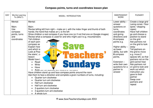 Compass Points Turns and Co-ordinates KS1 Worksheets, Lesson Plans and PowerPoint 