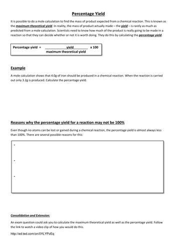 Percentage Yield worksheet | Teaching Resources