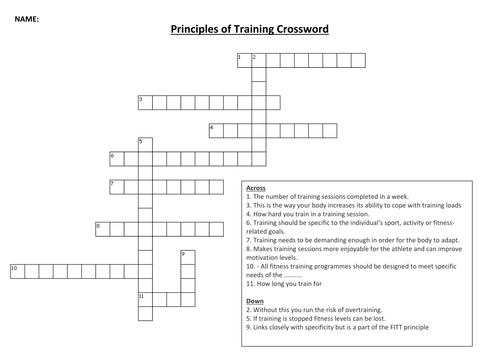 Principles of Training Crossword Activity Teaching Resources