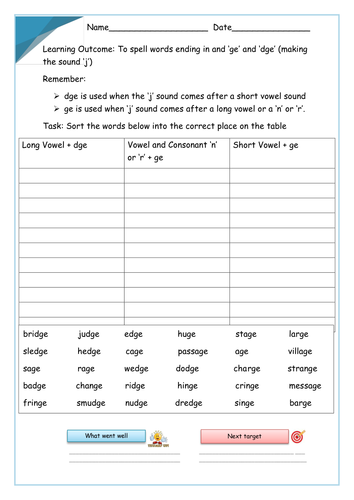 set of 15 differentiated worksheets words ending in dge