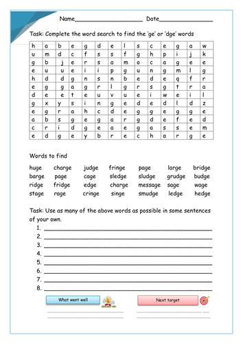 set of 15 differentiated worksheets words ending in dge