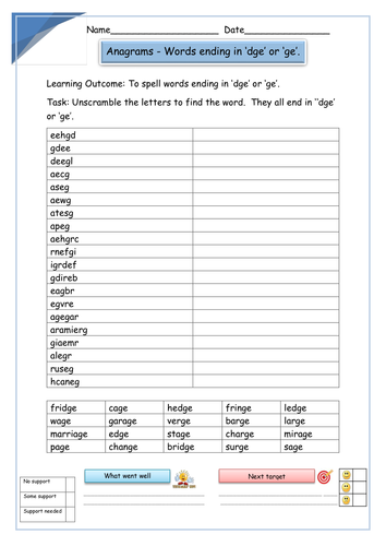 set of 15 differentiated worksheets words ending in dge