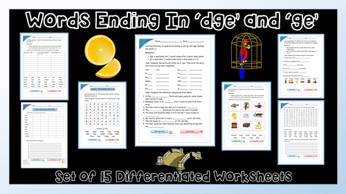 set of 15 differentiated worksheets words ending in dge ge by uk