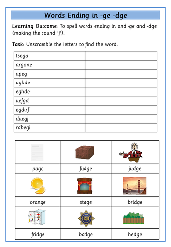 ge / dge Word Endings: Free Worksheet Teaching Resources