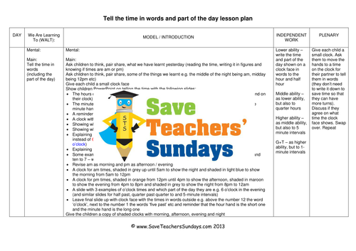 Time in Words (Part of the Day) KS1 Worksheets, Lesson Plans and PowerPoint 