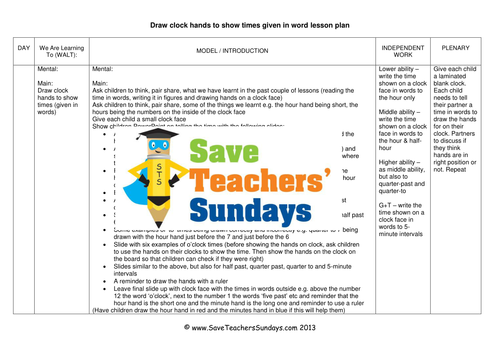 Drawing Clock Hands (Time in Words )KS1 Worksheets, Lesson Plans and PowerPoint 