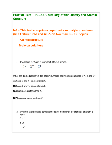 IGCSE Chemistry Practice Test Atomic Structure and Moles with Ans Key