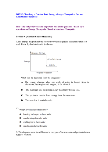 IGCSE-Chemistry---Practice-Test--Energy-changes / Exam style questions and Ans Key