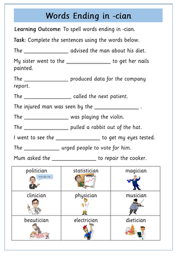 cian suffix - PowerPoint Lesson and Worksheets | Teaching Resources