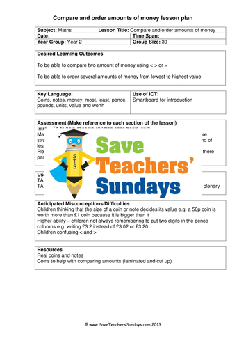 comparing and ordering amounts of money ks1 worksheets lesson plans