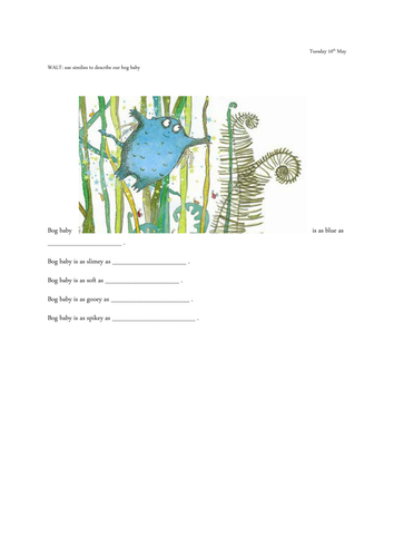 Bog Baby similie worksheet Teaching Resources