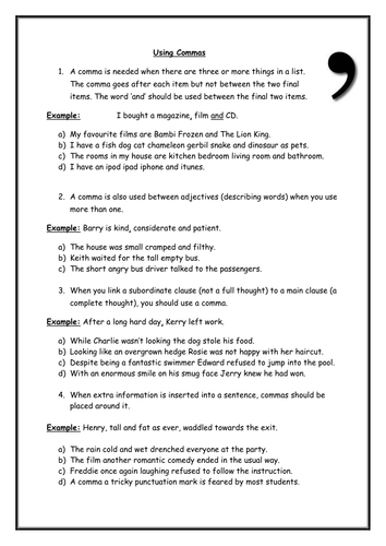 Commas Worksheet Literacy Teaching Resources