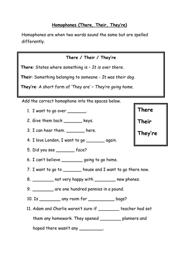 Homophones - There, Their, They're - Are and Our - Literacy 