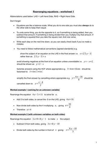 Rearranging equations - worksheet 1 (version 2) by Kevald - Teaching ...