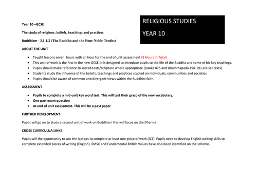 Unit/Scheme of Work for New Aqa Spec A Religious Studies Buddhism
