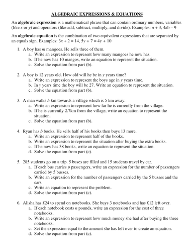 writing algebraic expressions and equations teaching resources