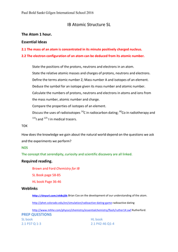 The structure of the atom, electronic orbitals from Bohr onwards, IB DP Topic 2 Summer work Workpack