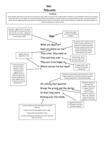 Days by Philip Larkin - Annotated A3 Sheet for WJEC English Literature AS Level