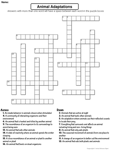 Animal Adaptations Crossword Puzzle Teaching Resources