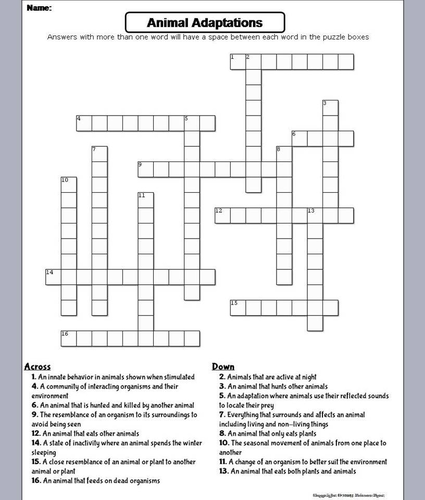 Animal Adaptations Crossword Puzzle