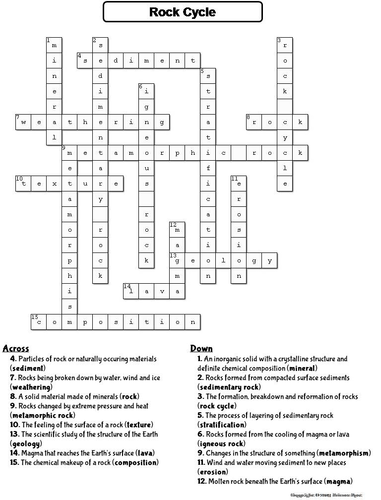 Rock Cycle Crossword Puzzle Teaching Resources