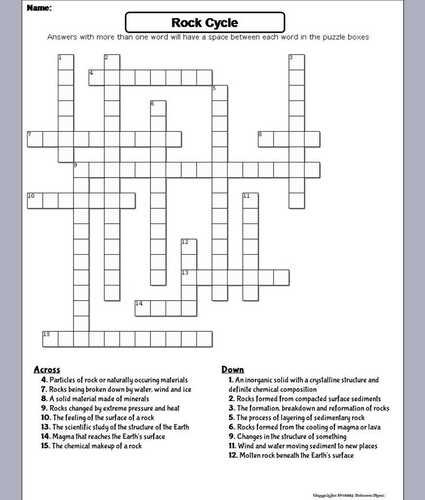 Rock Cycle Crossword Puzzle