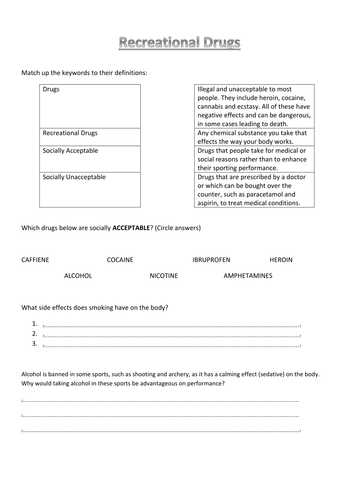 recreational drugs worksheet teaching resources