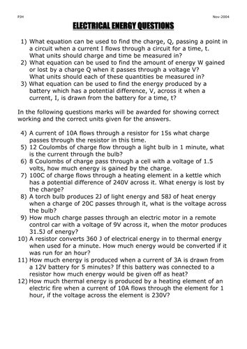 electricity resource list and resources