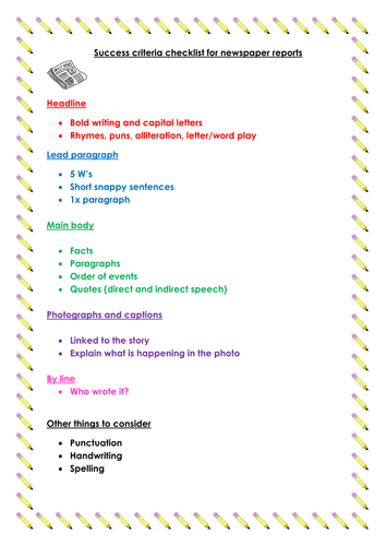 Success criteria checklist for writing newspaper reports. 