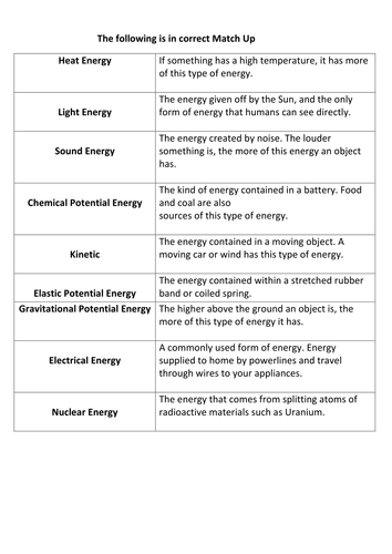 Types of Energy Match Up Activity | Teaching Resources